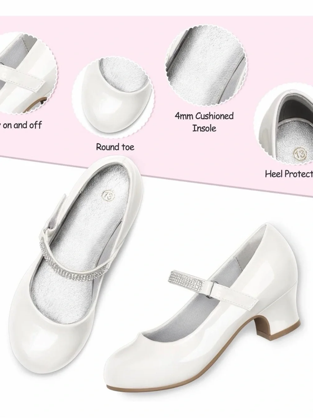 Girls' White Patent Mary Jane Dress Heels with Rhinestone Strap